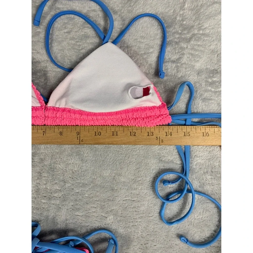 Pink Smocked Popcorn Bikini Set Womens Size S Blue Contrast Straps Swimsuit